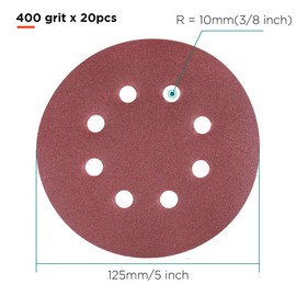 YoiYee 400 Grit Sanding Discs Pads, 8 Holes, 125mm/5-inch Hook and Loop Quick Change Sandpaper Sheet for Random Orbital Sander, 20 Pack