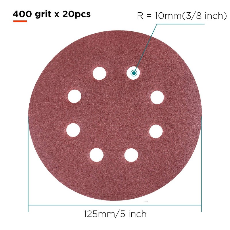 YoiYee 400 Grit Sanding Discs Pads, 8 Holes, 125mm/5-inch Hook