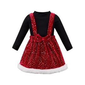 Toddler Baby Girls Christmas Clothes Long Sleeve T Shirts Velvet Sequins Overall Skirt 2-Piece Cotton Outfits