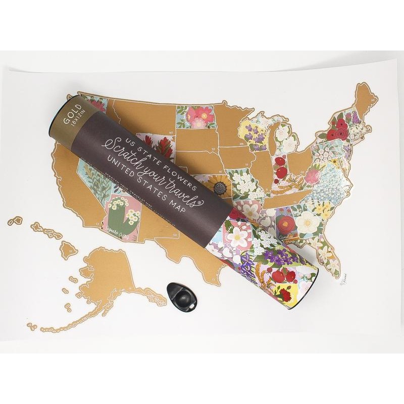 Jetsettermaps Scratch Your Travels USA State Flowers Map - Colour: