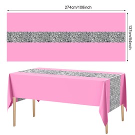 Oudain 6 Pcs 108 x 54 Inch Disco Table Cloth Disposable Plastic Disco Party Tablecloth Glitter Disco Ball Table Cloth Sequin Mirror Silver Table Cover for 70s 80s 90s Disco Dance Party Decor (Pink)