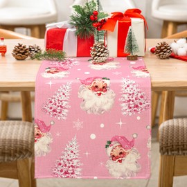 AnyDesign Pink Christmas Table Runner Xmas Tree Santa Claus Table Cover Rectangle Decorative Table Runner for Holiday Home Restaurant Decor Supplies, 13 × 72inch
