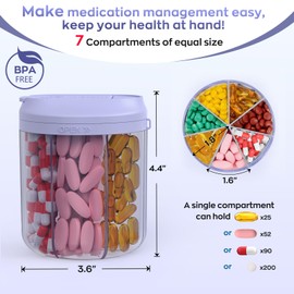Hionxmga Pill Dispenser with 7 Large Compartments, Pill Organizer for Travel, Supplement Organizer with Anti-Mixing Design, BPA-Free Pill Container with 20 Pcs Labels, Purple