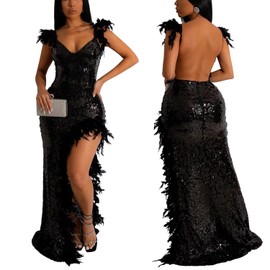 Women's Feather Spaghetti Strap Prom Dresses Sequin Mermaid V Neck Long Slit Sparkly Party Dress L