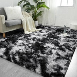 FlyDOIT Large Area Rugs for Living Room, 4x6 Feet Tie-Dyed Black and White Shaggy Rug Fluffy Throw Carpets, Ultra Soft Plush Modern Indoor Fuzzy Rug for Bedroom Girls Kids Nursery Room Dorm Home Decor