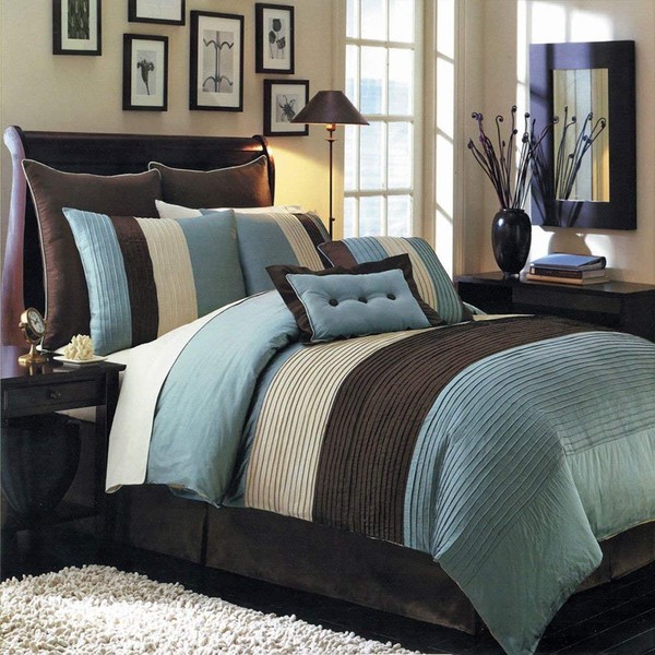 Royal Hotel Bedding Hudson Teal-Blue, Brown, and Cream Queen Size Luxury 8 Piece Comforter Set Includes Comforter, Bed Skirt, Pillow Shams, Decorative Pillows
