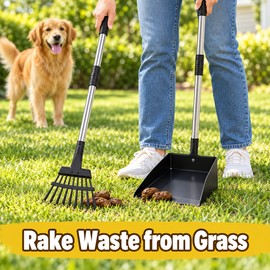 Long Handle Metal Dog Pooper Scooper Set with Rake, Spade and Waste Tray, 2/3-Piece Options