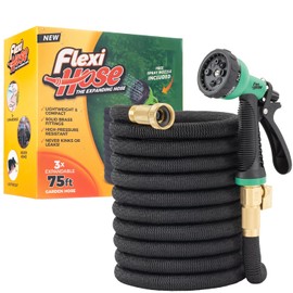 Flexi Hose with 8 Function Nozzle, 75FT - Lightweight Expandable Garden Hose, No-Kink Flexibility, 3/4 Inch Solid Brass Fittings and Double Latex Core