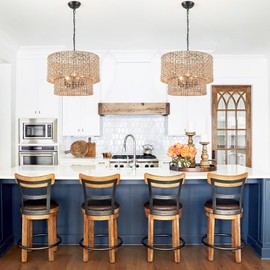 2 Tier Rattan Farmhouse Chandelier 5-Light Large Boho Wicker Pendant Light Fixtures Hanging Coastal Drum Lighting Hand Woven Chandeliers for Living Room Dining Room Kitchen Island Foyer Entryway