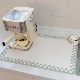 Non-slip Dish Drying Mats Black Sage Beige Checkered Coffee Bar Mat for Countertops 24''x16''