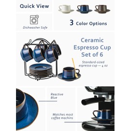 YHOSSEUN Espresso Cups Set of 6, 4 OZ Expresso Shots Cup Small Coffee Cup with Sacuers Metal Stand, Ceramic Espresso Cups for Cappuccino, Latte, Cafe Mocha and Tea, Blue