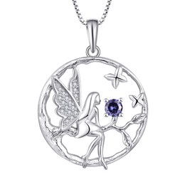 FJ Guardian Angel Necklace Pendant, 925 Sterling Silver, Angel Chain, Women's Fairy Butterfly Tree of Life Necklace with Birthstone, Cubic Zirconia Jewellery Gifts for Women and Girls, Sterling