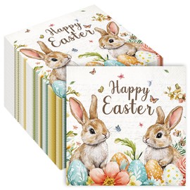 40 Pcs Easter Paper Napkins – 13 x 13 Inch “Happy Easter” Bunny Egg Spring Floral Disposable Napkins for Dinner, Brunch, Egg Hunt, and Spring Party Decorations