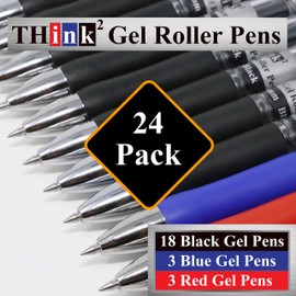 THINK2MASTER [24 Pens - 3 Colors] Think2 Retractable Gel Pens. (18 Black, 3 Red, 3 Blue) Fine Point (0.5mm) Rollerball Pens with Comfort Grip.