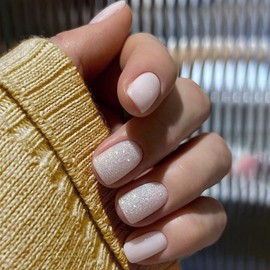 Pink False Nails Short Square - 24Pcs Press on Nails with Glitter Sequins Design - Stick on Nails with Glue - Removable Glossy Full Cover Fake Nail for Women Girls Valentines Days Nail Art