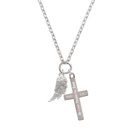 Delight Jewelry Silvertone Textured Angel Wing - She is More Precious Engraved Cross Zoey Necklace, 28"