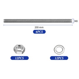 Fourindo Pack of 6 Fully Threaded Rod M8 × 200 mm 304 Stainless Steel, Fully Threaded Rod M8 with 12 Hex Nuts and Washers