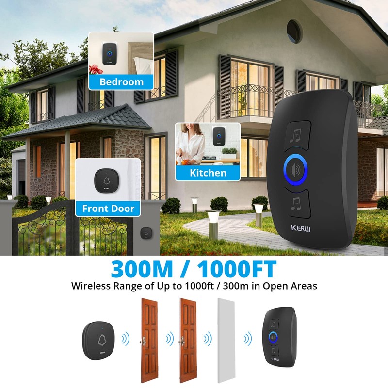 Kerui Wireless Bell 1 Transmitter 2 Receivers, Waterproof Doorbell Wireless