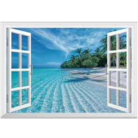 FLFK Fake Window Wall Decal - Summer Beach Faux Window Wall Mural for Wall Decor, Peel and Stick Wall Sticker,24"x16"