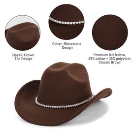 Bling Rhinestone Cowgirl Hat for Women Men, Rolled Wide Brim Western Felt Fedora Brown Sparkly Disco Cowboy Hat M
