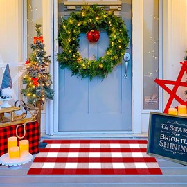 Ckorzen Red and White Plaid Rug, 28" x 43" Christmas Front Porch Outdoor Rug, Handwoven Cotton Washable Rug for Layered Door Mats, Holiday Entryway and Home Décor