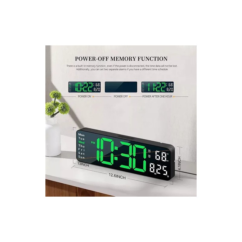 Oailgent Reloj De Pared Digital Con Termómetro, Alarmas Y Calendario
