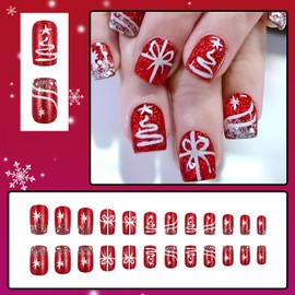 RIICFDD Christmas Press on Nails Short Square Fake Nails Red Sparkly False Nails Christmas Tree Bow Glue on Nails White Sequin Stick on Nails Full Cover Acrylic Nails for Women Nail Art 24 Pcs
