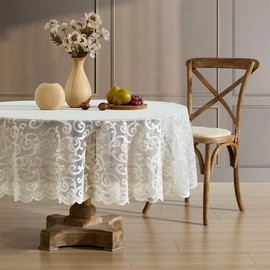 HLC.ME Scroll Lace Tablecloth Round, Lace Fabric Table Cloth for Round Tables, Wrinkle Resistant Tablecloth, Patterned Scalloped Tablecloth (90 Round, Ivory)