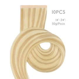 WENNALIFE Tape Weft Hair Extensions Real Human Hair, Tape in Hair Extensions Human Hair 18 Inch 50g 10pcs Light Blonde Highlighted Golden Blonde Luxury Remy Hair Straight Extensiones De Cabello Hmano