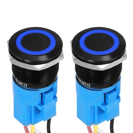 DMiotech 2 Pcs 22mm / 7/8" Push Button Switch, IP66 1NO1NC 12-24V 3A Momentary Latching Push Button Starter Light Switch Self-locking with Blue Light Round, Aluminum Alloy Flat Head Black
