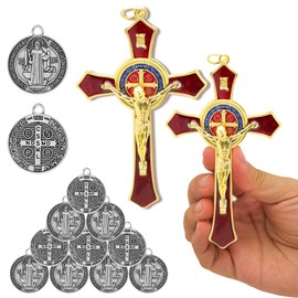 Aswitnove 22 Pcs St Benedict Crucifix Accessory Set, 2 Pcs 4.9 x 2.7 Inch Enamel Crucifix Wall Cross Decor 20 Pcs 0.9 x 0.79 Inch San Benito Medalla Pendant Catholic Protection Prayer Decoration Red