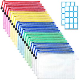 SANNIX 20 Pcs Zipper File Bags A5 5 Colors File Bags with Label Stickers Waterproof Receipt File Office Supplies Organizer Storage