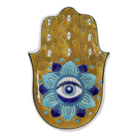 Orange Chakra Hamsa Palm Mandala and Evil Eye Ceramic Dish Brass Incense Holder
