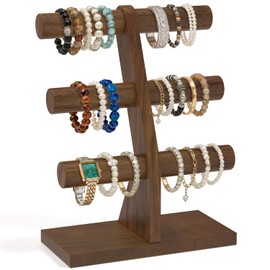 EsLuker.ly Bracelet Holder Display Wooden Stand Organizer, T Bar Bangle Storage Rack for Home Vendors Business Selling, Large Capacity 3 Tier Jewelry Tree Tower for Watches, No Clutter, Brown
