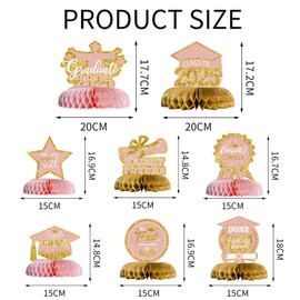 8 PCS 2025 Pink Congrats Grad Honeycomb Centerpieces Graduation Party Decorations CongratulateTable Toppers for Party Supplies Class(Pink Gold)