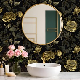 FunStick 17.5"x354" Black and Gold Floral Peel and Stick Wallpaper Vintage Moody Dark Floral Wall Paper for Bedroom Walls Removable Rose Flower Wallpaper Renter Friendly Black and Gold Contact Paper