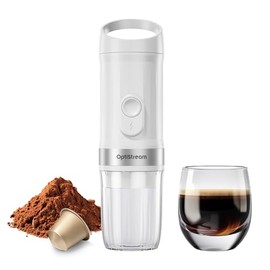 Optistream Portable Electric Espresso Machine, Travel Coffee Maker for Camping, Car Coffee Maker Self-Heating with USB-C, With Ground Coffee & NS Capsule for RV, Hiking, Office (White color)
