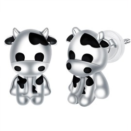 Arrebol Cow Earrings Women's 925 Sterling Silver Animal Stud Earrings Original Jewellery for Women Christmas Gift, Silver
