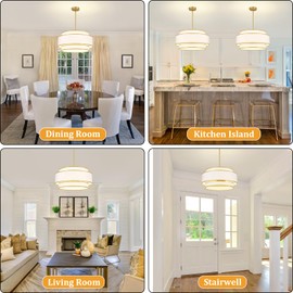 19.7''Drum Chandelier Dining Room Light Fixtures, 3-Tier Modern White Fabric Chandelier Gold Pendant Lights Kitchen Island,6-Light Hanging Light Farmhouse Chandeliers for Foyer Entryway Staircase
