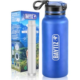 Baytiz | Thermos Flask + Activated Carbon Survival Straw - Bottle Water Filter for Travel Hiking Trekking Camping Air Purifier Reusable Compass Plastic Rain Bag