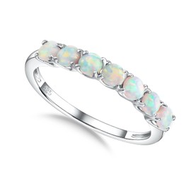 CAIDIKA Silver Opal Ring 925 Sterling Silver Stackable Wedding Band Simulated Opal October Birthstone Ring 7 Stone Half Eternity Band Rings for Women, Size 7