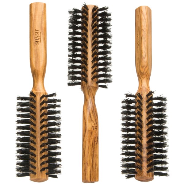 Made In Germany - SHASH Boar Bristle Round Brush - Adds Volume and Bounce, Promotes Smoother, Softer Hair - Exfoliates, Soothes and Stimulates the Scalp - Eco-Sourced Wood (Olive)
