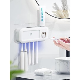 Toothbrush Holder Wall Mounted Timerable Toothbrush Holders with Automatic Toothpaste Dispenser 1200mAh Toothbrush Holders for Bathrooms, Solar Charging, 5 Toothbrush Slots