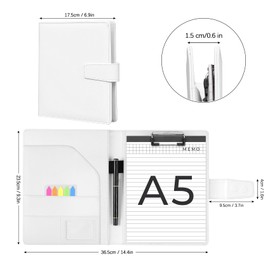Agoer DIN A5 Portfolio Folder,Clipboard Folder Faux Leather Conference Folder with Legal Pad,A5 Clip Board with Magnetic Cover Storage with Sticky Arrow Tabs & Pen for Work Business Document,White