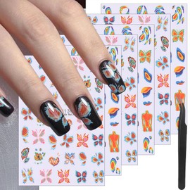 6 Sheets Butterfly Nail Decals for Nail Art Summer Watercolor Gradient Butterfly Nail Stickers Oil Painting Designs Nail Decoration 3D Self-Adhesive Colorful Butterfly Nail Art Stickers for Women Girl