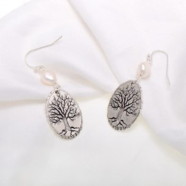 White Freshwater Cultured Pearls Tree of Life Dangling Earrings for Women