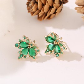 ATIMIGO Classic Emerald Green Cubic Zirconia Crystal Fall Stud Earrings Elegant Green Maple Leaf CZ Stud Earrings for Women Birthday Prom Anniversary Jewelry Gifts