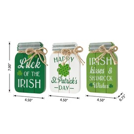 Glitzhome St Patricks Day Decorations Set of 3 St Patricks Day Wooden Mason Jar Table decor Farmhouse St. Patrick's Day Wood Signs Mason Jar Blocks Ornaments for Home Indoor Tiered Tray Decor 7" L