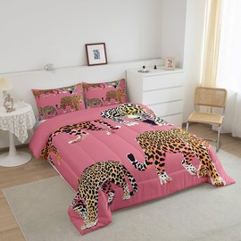 jejeloiu Leopard Comforter Set Full Size Girls Pink Cheetah Print Bedding Set for Women Teens Wild Animal Duvet Quilt Breathable Soft Lightweight Microfiber Chic Room Decor