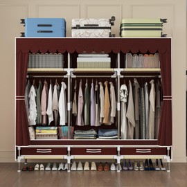 LEAIJIAFY Portable Wardrobe, Metal Frame with Dark Red Non-Woven Cover, 3 Hanging Rods, 3 Drawers, 3 Lockers,Portable Wardrobe with Drawers, Clothing Storage, Bedroom